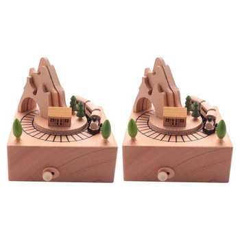 2 Деревянные музыкальные шкатулки с изображением Горного туннеля с маленькими движущимися магнитными паровозиками