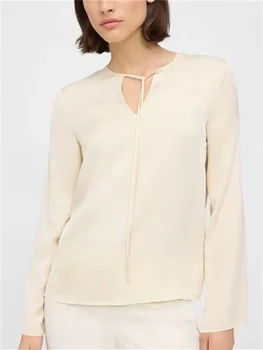 2023 Летняя Женская рубашка на шнуровке, Шелковая Блузка с V-образным вырезом и длинным рукавом, универсальная Офисная Женская блузка на пуговицах