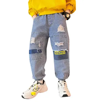 2023, Новая мода, Весна-осень, Повседневные джинсы для мальчиков, однотонные брюки с дырками, Джинсовые рваные брюки для подростков, детская одежда