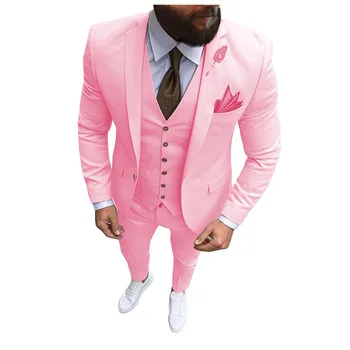 2023 Новый розовый мужской костюм из 3 предметов: Строгий деловой приталенный смокинг с вырезами на лацканах для свадьбы (блейзер, жилет и брюки)