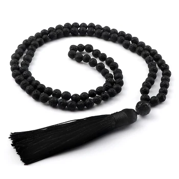6 мм Черное ожерелье из лавового камня с узлом Из натуральных 108 бусин Мала Подвеска Кисточка Ожерелье ручной работы для женщин Мужчин Подарок Ювелирных изделий Будды