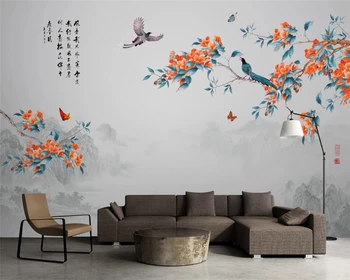 beibehang Настроил новую китайскую пейзажную живопись чернилами, цветы, обои, птицы, ТВ-фон, декоративная живопись, обои