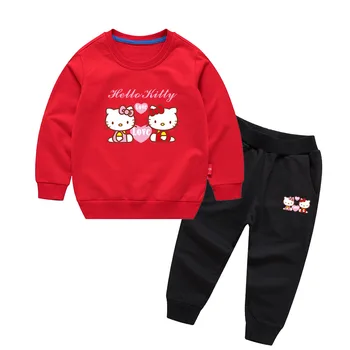 Hello Kitty/2 предмета, весенне-осенняя детская одежда, свитер с круглым вырезом и мультяшным принтом для девочек, комплект с длинными рукавами и штанами