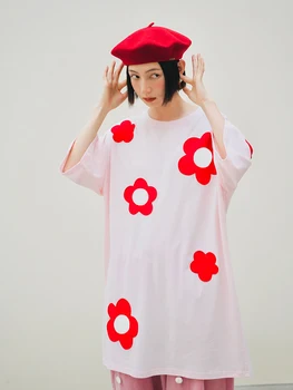 imakokoni оригинальная розовая футболка с цветочным рисунком средней длины и короткими рукавами, юбка, летнее универсальное платье с цветочным рисунком, женское 223623