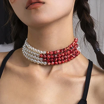 IngeSight.Z Винтажные многослойные акриловые круглые ожерелья-чокеры из красного бисера для женщин, элегантный воротник из искусственного жемчуга, свадебный подарок