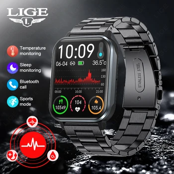 LIGE Смарт-Часы Для Мужчин с Bluetooth-Вызовом 1,83 дюймов, Полный Сенсорный Браслет, Водонепроницаемый, Температура тела, Пульсометр, Женские Умные Часы