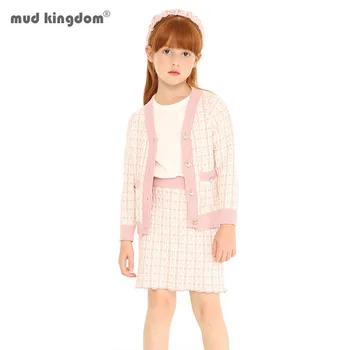 Mudkingdom, осенне-зимний детский комплект свитеров для девочек, кардиган на пуговицах, свитер и короткая юбка, наряды для детской одежды, костюм