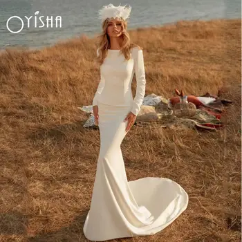 OYISHA Простые свадебные платья Русалки с длинным рукавом 2023 года с открытой спиной, элегантные атласные свадебные платья со шлейфом для женщин De Marié