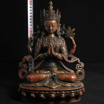 Бесплатная доставка Старый буддизм/Тибетская бронзовая статуя четырехрукого Будды 11,8 