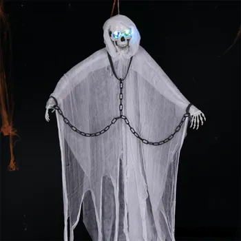 Большой Хэллоуин, Висящий Скелет-Призрак с цепью, светодиодные глаза, звук ужаса, Человек-Пумкин, Внутреннее и наружное украшение на Хэллоуин