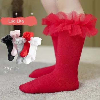 Гольфы до колена для маленьких девочек, Длинные Мягкие Хлопковые Кружевные Носки Принцессы с рюшами для детей 0-7 лет, Красные Гетры для ног, Милые Рождественские Носки