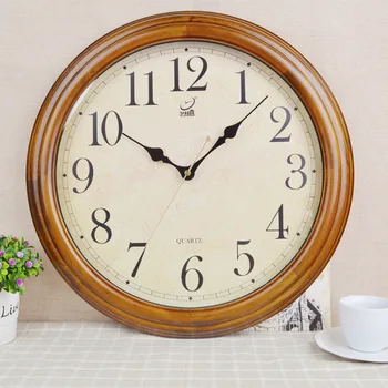 Горячие модели европейской ретро гостиной деревянные настенные часы 16 дюймов большие круглые немой настенный стикер из цельного дерева настенные часы