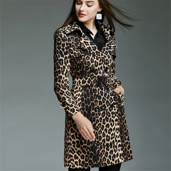 Демисезонный Длинный Леопардовый тренч, Женская Двубортная ветровка с длинным рукавом, Корейская мода, тонкое пальто с поясом, женское