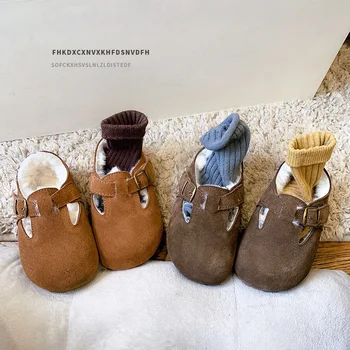 Детская зимняя Хлопчатобумажная обувь Для девочек Домашняя Уличная Шерстяная обувь На меху Детская Теплая Удобная обувь для малышей Обувь для мальчиков в корейском стиле