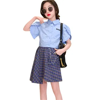 Детский костюм, комплект одежды для девочек, Летняя рубашка, топы + юбка в клетку неправильной формы, 2 предмета, Детская подростковая уличная одежда из корейского хлопка