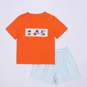 Дизайн для Хэллоуина, Детская одежда для мальчиков, детский костюм пастельно-оранжевого цвета, модные клетчатые шорты, хлопковый детский стиль индейки
