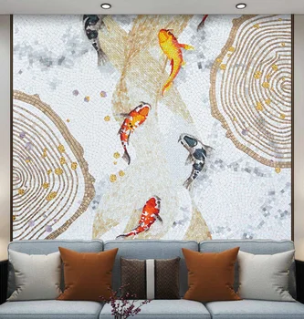 Дизайн настенной росписи из стеклянной мозаичной плитки с рисунком золотой рыбки для украшения стен