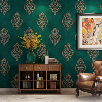 Европейский Стиль 3D Рельефные обои Роскошные Дамасские Темно-зеленые нетканые обои Спальня гостиная ТВ фон Стены Дома
