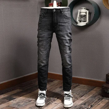 Европейский Тренд, Модные мужские джинсы в стиле ретро, черные, Серые, Эластичные, облегающие Рваные джинсы, Мужские брюки, Винтажные Дизайнерские джинсовые брюки Hombre
