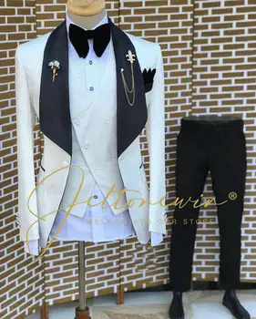 Жаккардовые однобортные мужские костюмы для свадьбы, приталенный смокинг для жениха, блейзер для выпускного вечера, комплект из 3 предметов, мужской костюм для выпускного вечера, свадебный