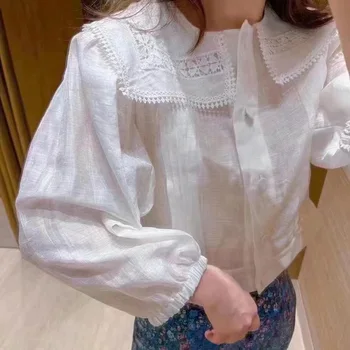 Женская Блузка С Кружевным Пышным Рукавом и Матросским Воротником, Повседневная Рубашка