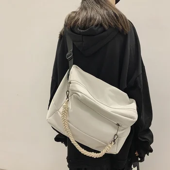 Женская сумка, нейлоновая Квадратная Повседневная однотонная сумка на молнии, мягкие сумки через плечо большой емкости, сумки через плечо, унисекс, темный стиль