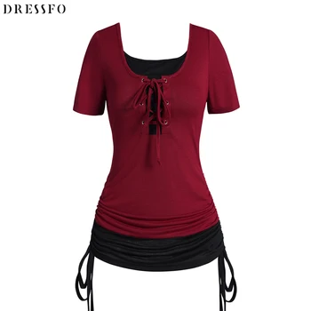 Женская футболка Dressfo, Контрастная футболка с цветными блоками, Длинная футболка на шнуровке с круглым вырезом, Модная Повседневная Длинная футболка с контрастной шнуровкой