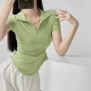 Женская футболка с короткими рукавами в гонконгском стиле, приталенный топ в стиле ретро с лацканами, женская футболка в корейском стиле, футболки с легкой полосой