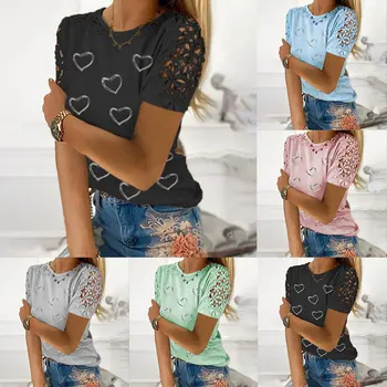 Женские модные свободные повседневные футболки с коротким рукавом и принтом в виде сердца, весенне-осенние кружевные топы с вырезами