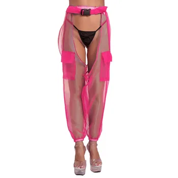 Женские Прозрачные брюки-футляр из органзы, сексуальные открытые брюки с эластичной резинкой на талии, пляжные брюки для бега трусцой для ночных танцев, одежда для рейв-вечеринок