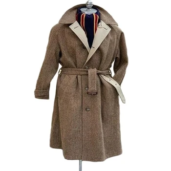 Зимние коричневые мужские костюмы в Елочку с толстым Поясом, Модное Длинное мужское пальто на заказ с Лацканами, Модная деловая куртка Высокого качества