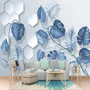 Изготовленные на заказ европейские 3D рельефные обои, ручная роспись синими листьями растений, фотообои для гостиной, настенная бумага Papel