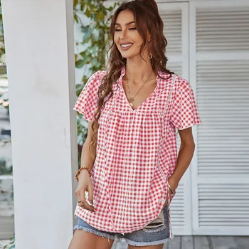 Клетчатый топ, летняя новая рубашка для девочек с V-образным вырезом, рубашки в женском стиле для женщин, винтажная одежда