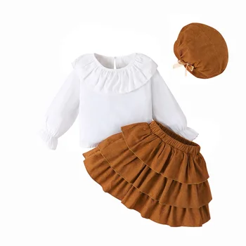 Комплект одежды для девочек из 3 предметов, рубашка с кукольным воротником и длинными рукавами и Многослойная юбка с оборками, Берет, Шляпа, Детская осенняя одежда
