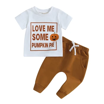 Комплект Одежды для новорожденных на Хэллоуин из 2 предметов с буквенным принтом тыквы, топы с круглым вырезом и длинными штанами, Комплект