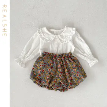 Комплекты одежды для маленьких девочек, Милая Белая рубашка + Шорты с цветочным рисунком, Детская одежда для девочек, костюмы, Детская осенняя одежда, модный комплект для малышей