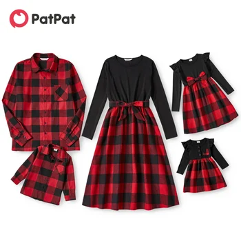 Комплекты рождественских платьев и рубашек PatPat в красную клетку с черными вставками и длинными рукавами