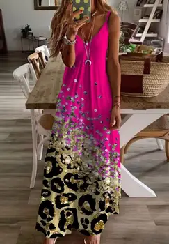 Контрастное женское платье с леопардовым принтом, сексуальное макси-платье на бретельках с V-образным вырезом, Макси-платье на бретельках, новые юбки в стиле Кэжуал для отпуска