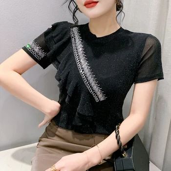 Корейские модные сетчатые топы с коротким рукавом, черная футболка с горячим сверлением, повседневная женская рубашка с коротким рукавом и оборками