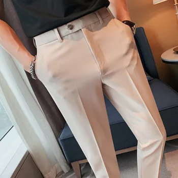 Летние брюки для похудения со скрытой эластичной талией 2023, Мужские простые прямые повседневные брюки Homme для официальных светских вечеринок