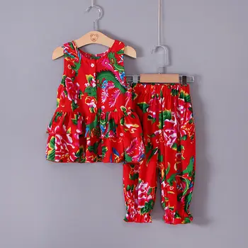Летний комплект модной одежды для маленьких девочек 2022 года, Футболка с цветочным рисунком + штаны, Одежда для девочек, Повседневная одежда, Детский комплект из 2 предметов, D23