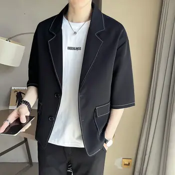 Летний Новый модный костюм 2023 Года с вышивкой, Мужская однобортная куртка с короткими рукавами в корейском стиле, Бутик одежды в простом стиле