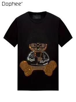 Модная брендовая футболка с коротким рукавом, Женская Летняя новинка 2023, с Рисунком Медведя из Мультфильма, Со стразами, Повседневный Черный топ, Женский High Street