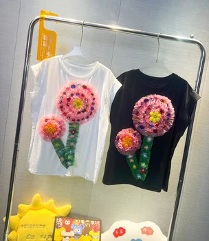 Модный бренд 2023, новые летние женские футболки с коротким рукавом, Ромбовидная сетка, цветы, Свободный Пуловер, уличная одежда, повседневные хлопковые футболки