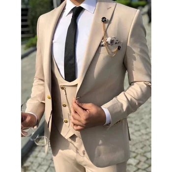 Мужской бежевый приталенный костюм в итальянском стиле на заказ для деловых встреч и свадеб, 3 предмета
