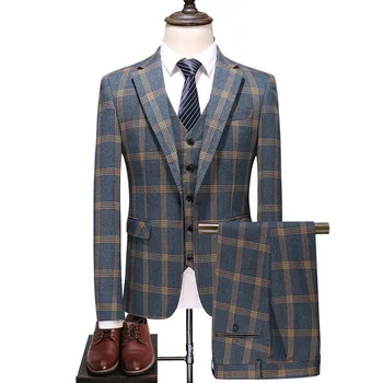 Мужской костюм в британском стиле, 3 предмета, деловые вечерние свадебные Смокинги, Клетчатый блейзер для отдыха, пальто + жилет + брюки