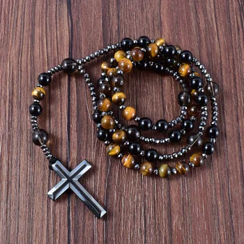 Натуральный черный оникс с камнем Тигровый глаз, Ожерелья с четками Католического Христа, Подвеска с гематитовым крестом, Мужское ожерелье, украшения для медитации