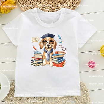 Новая летняя стильная футболка для мальчиков, забавная книга для чтения собак, футболка для малышей с мультяшным принтом, модная повседневная футболка для девочек, белые топы с круглым вырезом