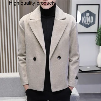 Новая модная мужская двубортная ветровка, однотонное тонкое короткое шерстяное пальто, зимнее повседневное теплое, Размер S-5XL