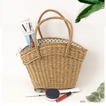 Новая тканая сумка из травяной ткани, тканая сумка с подкладкой в горошек, пляжная сумка, сумка через плечо, корейская женская сумка, тканая повседневная сумка